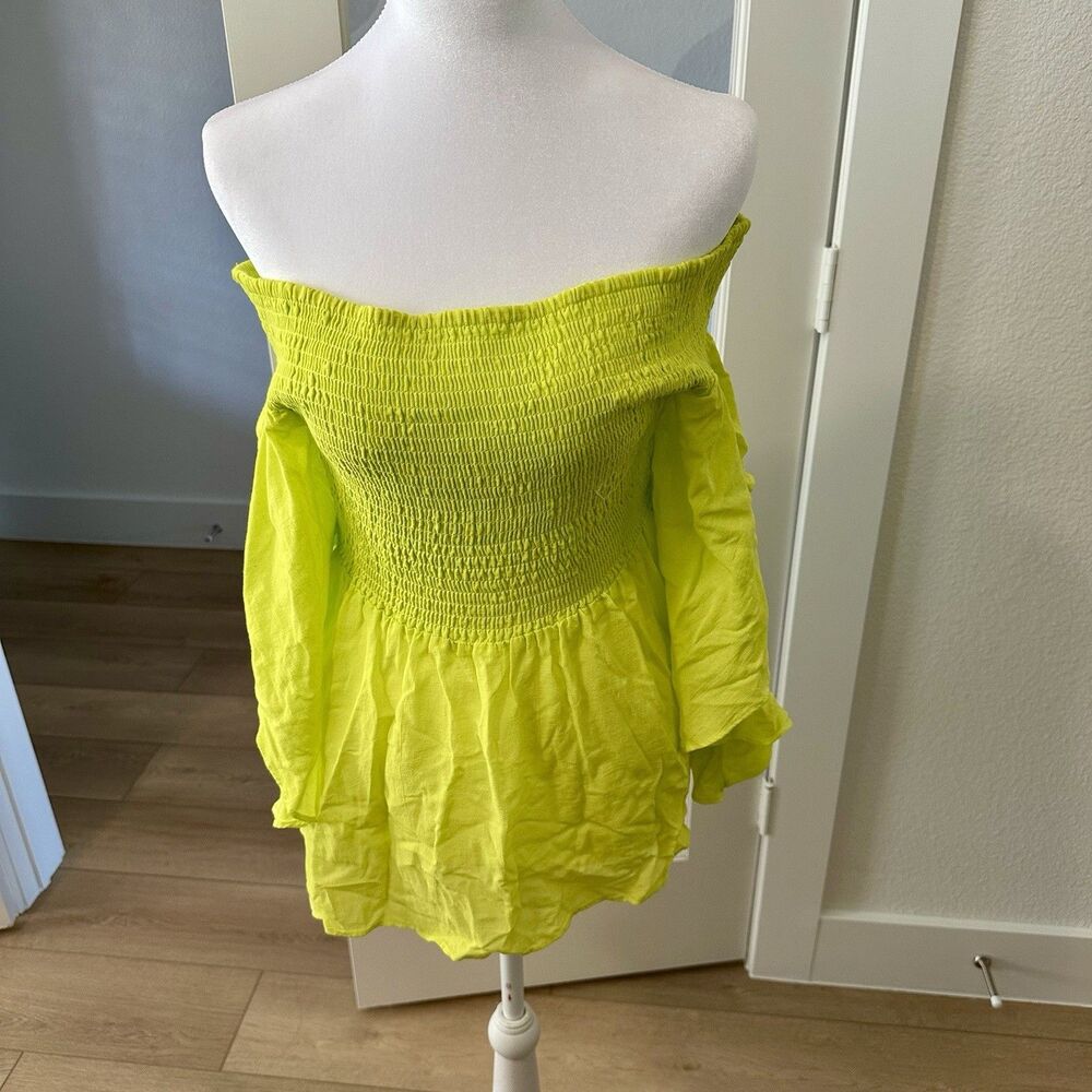 Bisou Biso Women Green Sz Med Shirt Off Shoulder Smocked Ruffle Sleeve